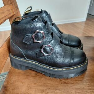Dr. Martens Black Leather Platform Boots with Yellow Stitching